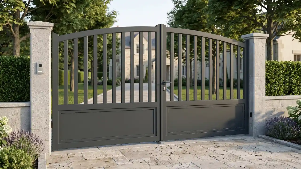 Portail aluminium sur mesure CITY Clair obscur Bredok Fermetures avec barreaux et arrondi