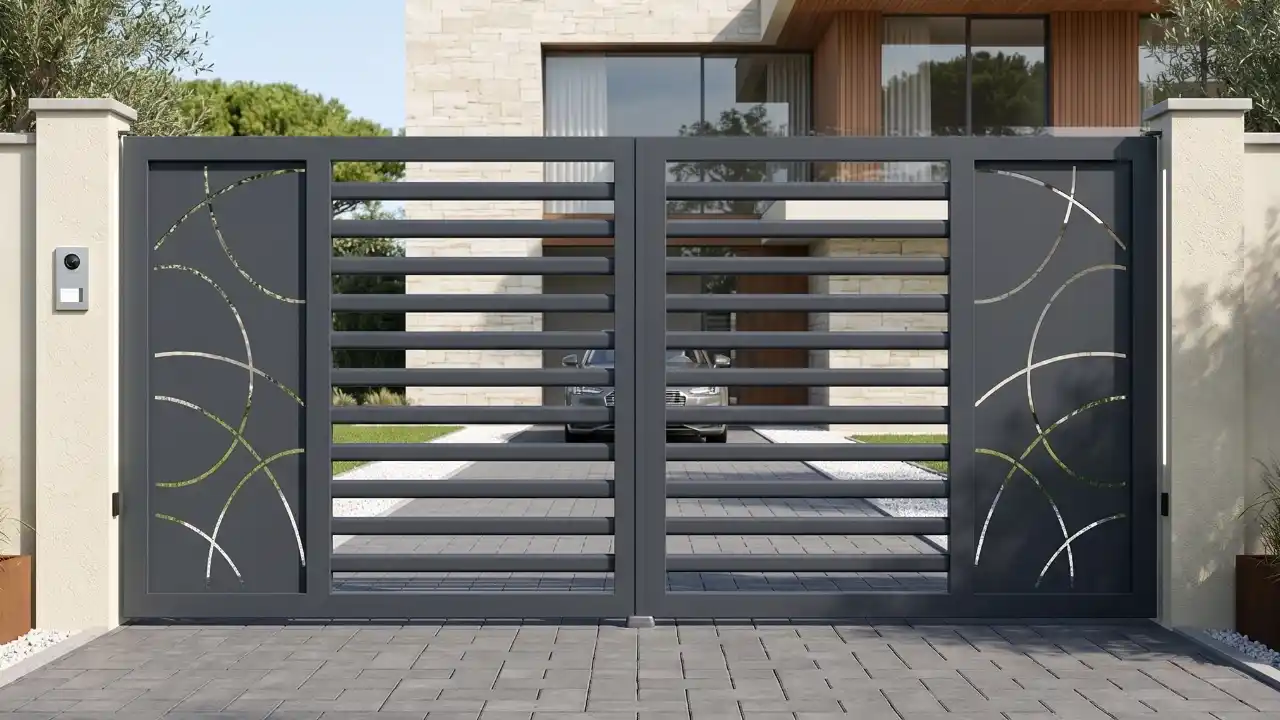 Visuel_Portail_FAMILY_Aluminium_4_11zon Portail alu sur mesure deux battants avec motif découpé gamme FAMILY Bredok Fermetures