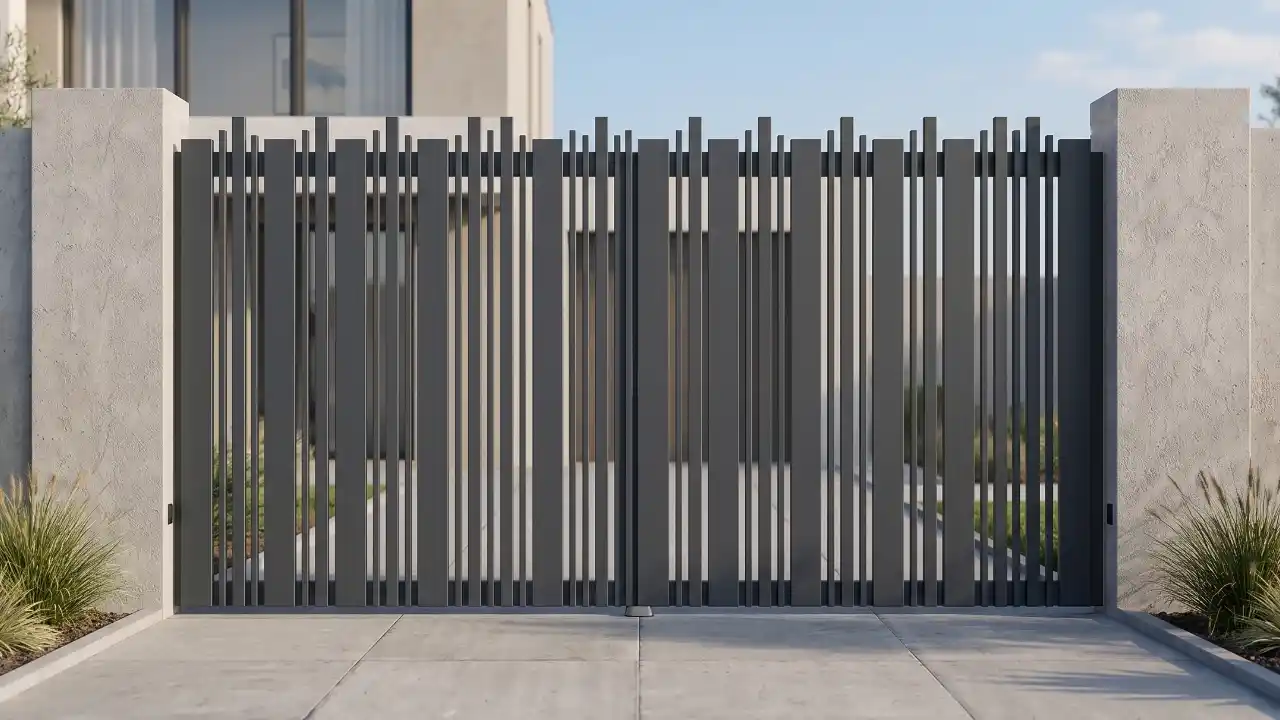 Portail deux battants OPTIK Bredok Fermetures avec barreaux alternés en applique au cadre aluminium