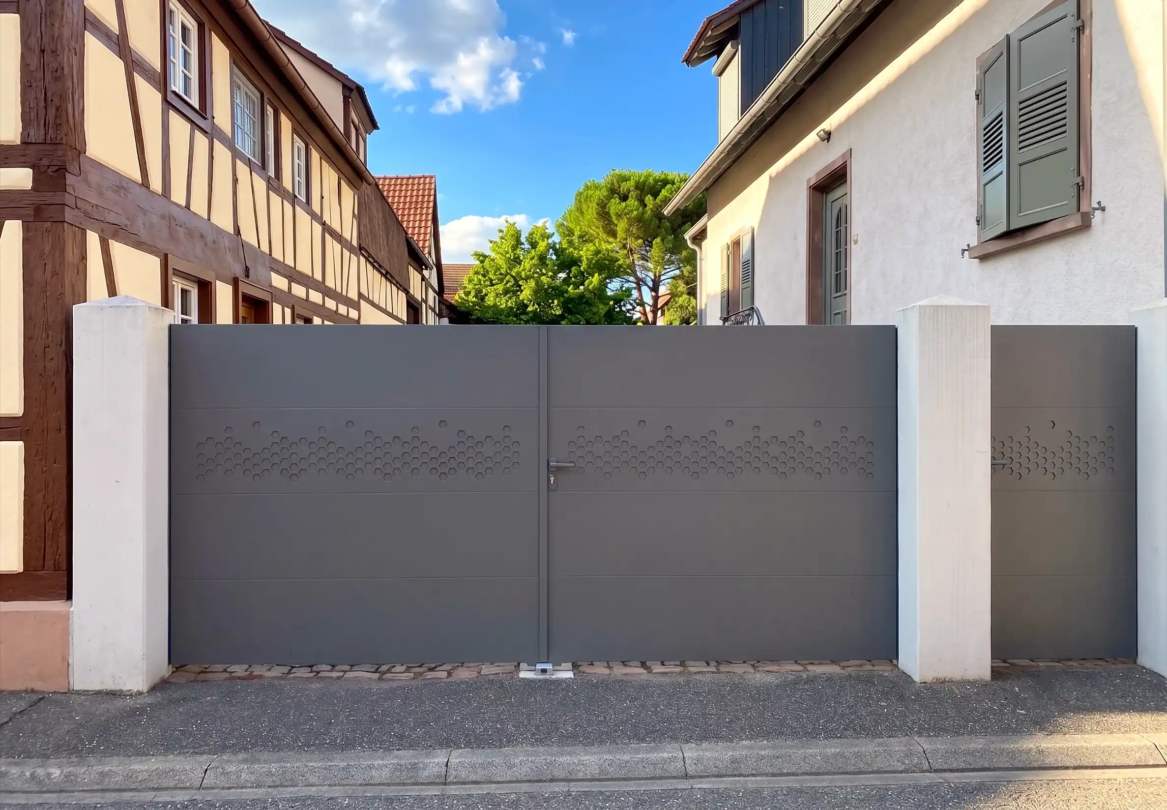 Portail aluminium deux battants sur mesure SELECT Gravity avec motif personnalisé et portillon.