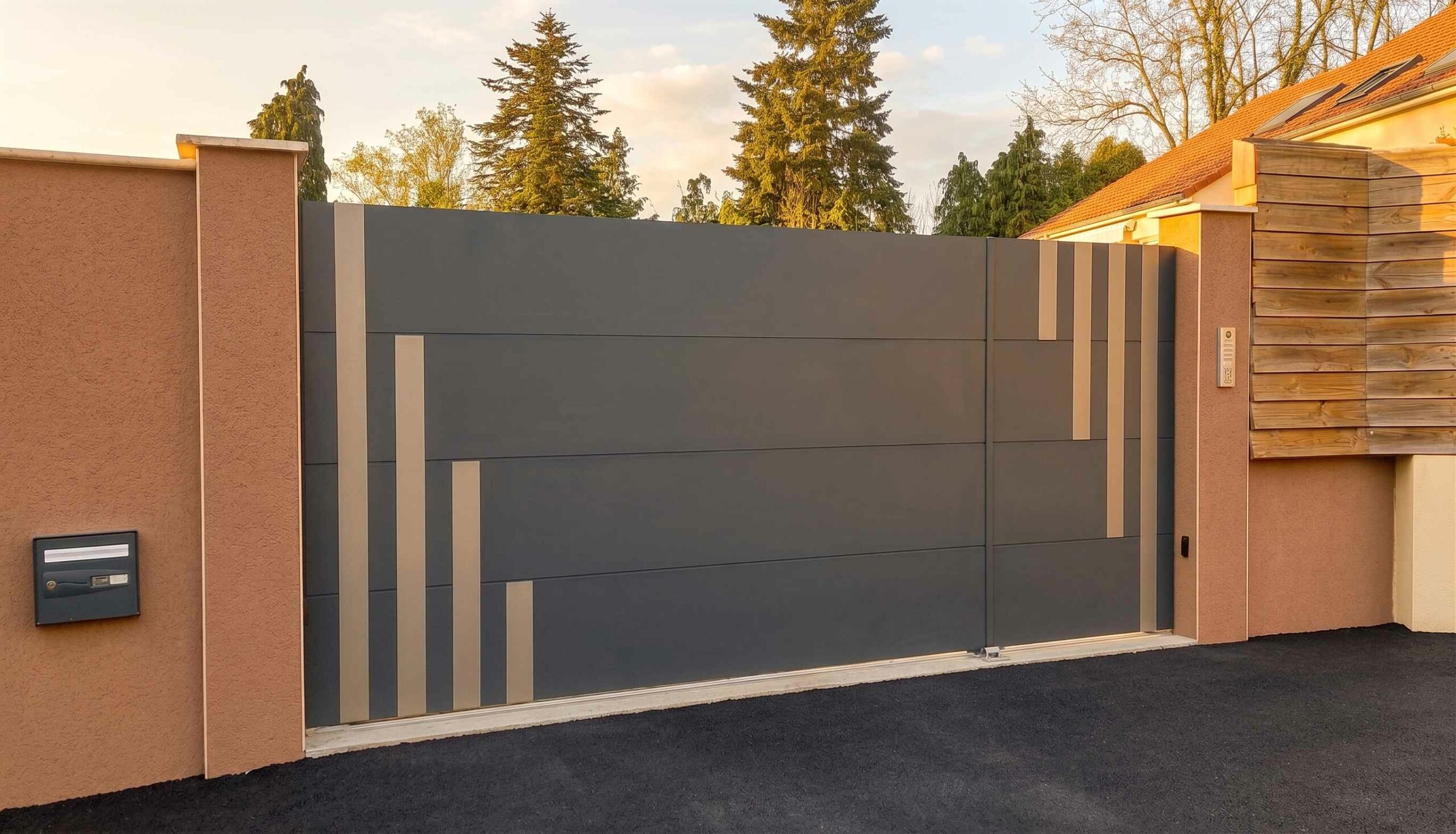 Portail deux battants alu avec vantaux inégaux SELECT par Bredok avec inserts alu brossé